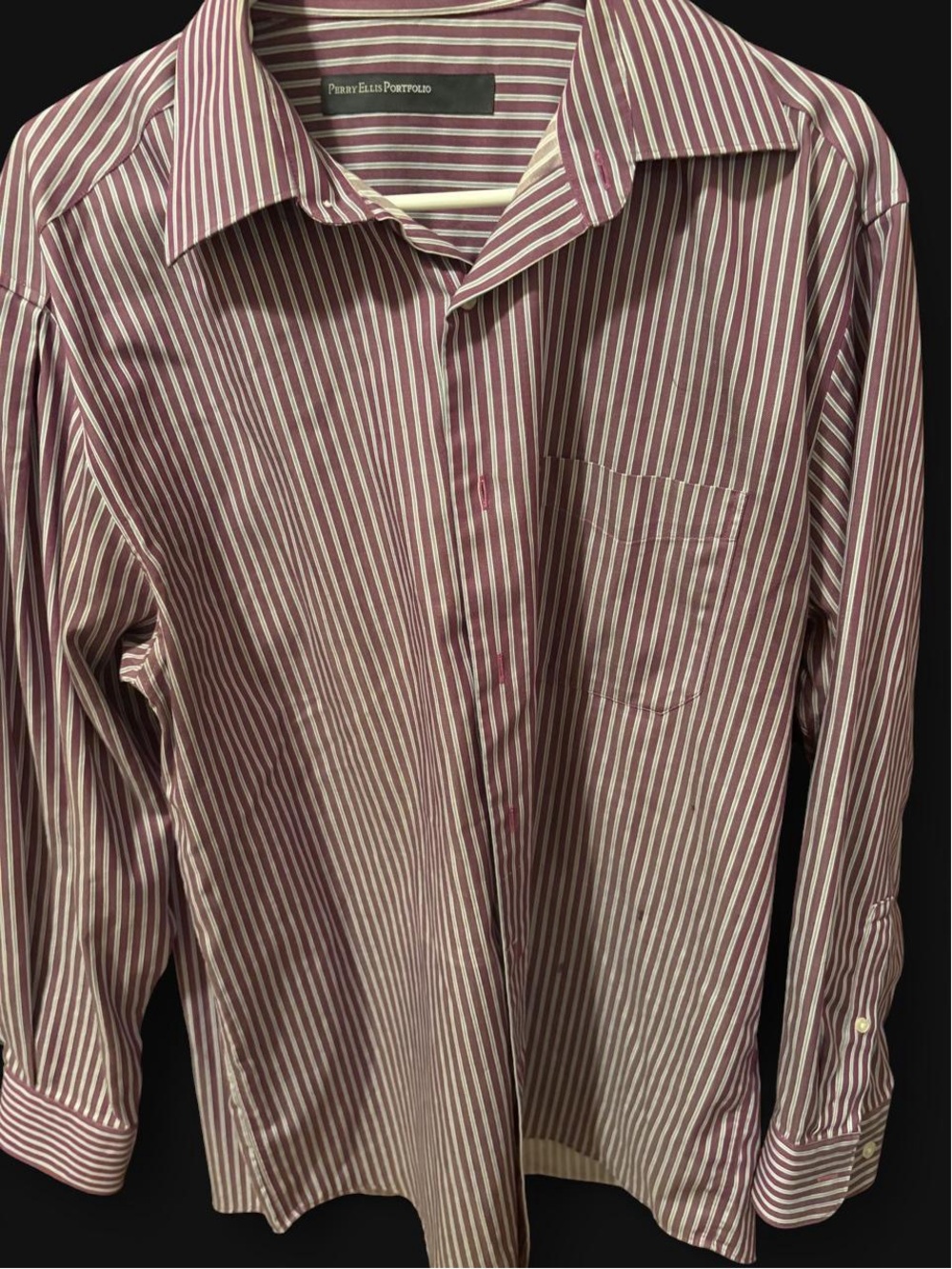 Perry Ellis Portfolio Men's Striped Dress Shirt - Burgundy & White Large
